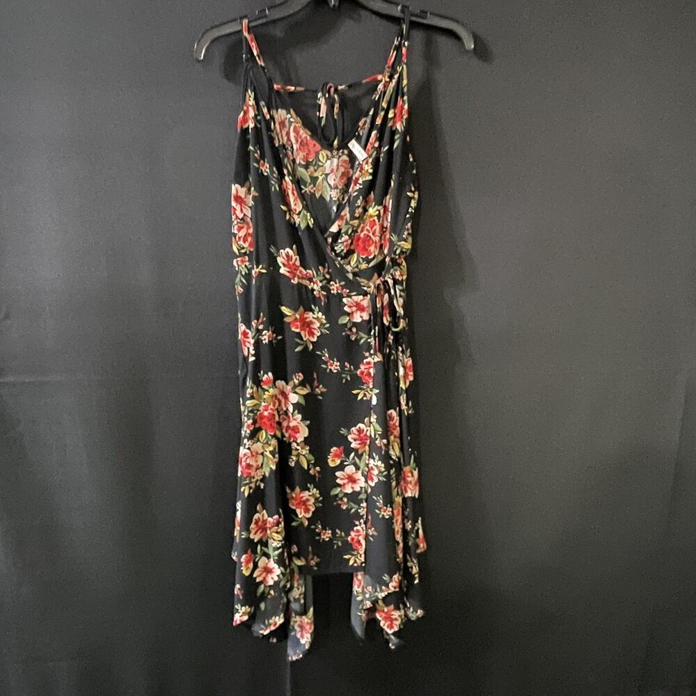 Xhilaration Dress Womens Medium Black Floral Wrap Hi Low Hem Strappy Sundress